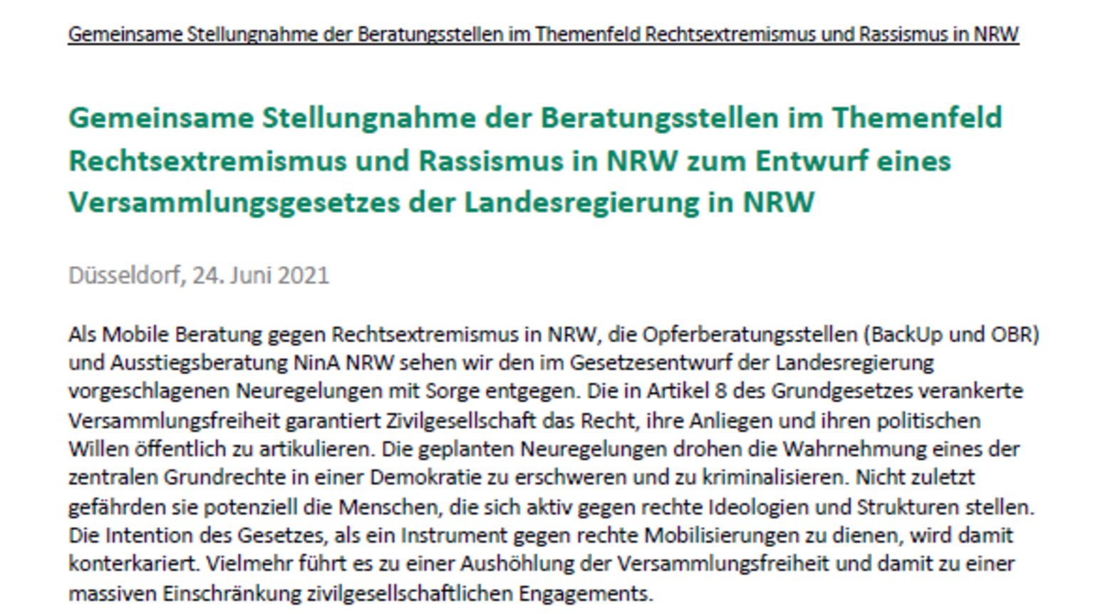 Gemeinsame Stellungnahme der Beratungsstellen im Themenfeld Rechtsextremismus und Rassismus in NRW zum Entwurf eines Versammlungsgesetzes der Landesregierung in NRW